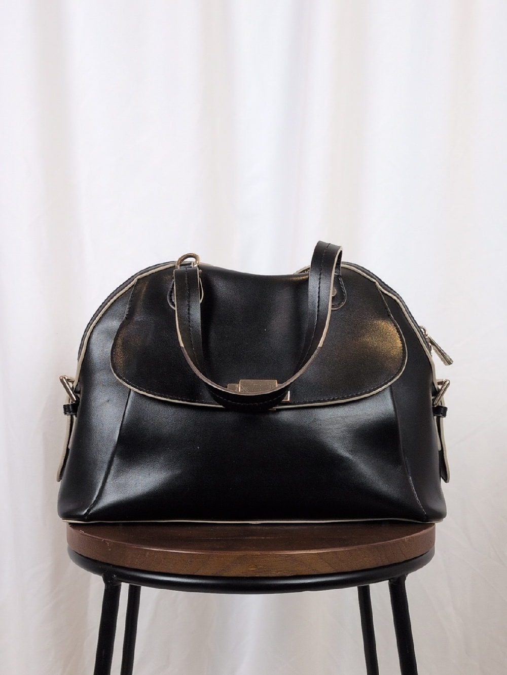 Danier Black Leather Dome Satchel Bag with Contrast Trim